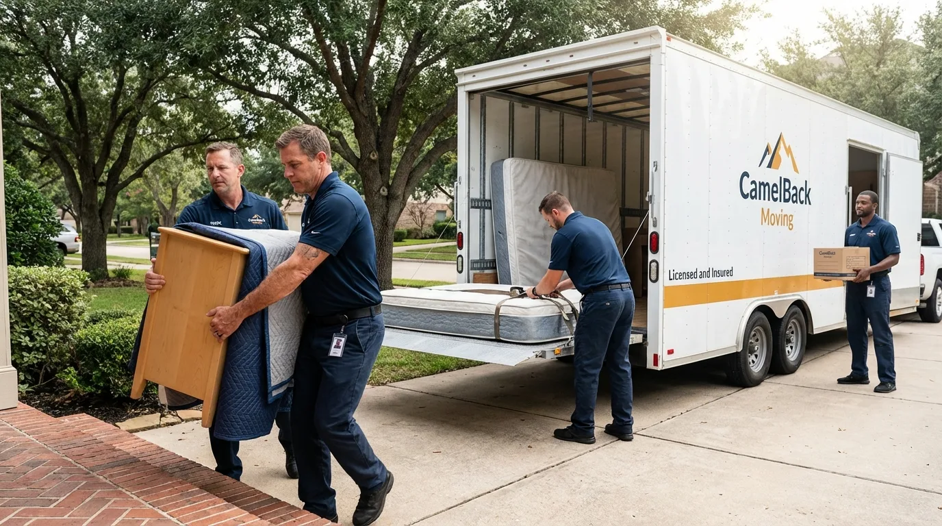 Crew loading residential truck for cross-state move from Fort Yates, ND