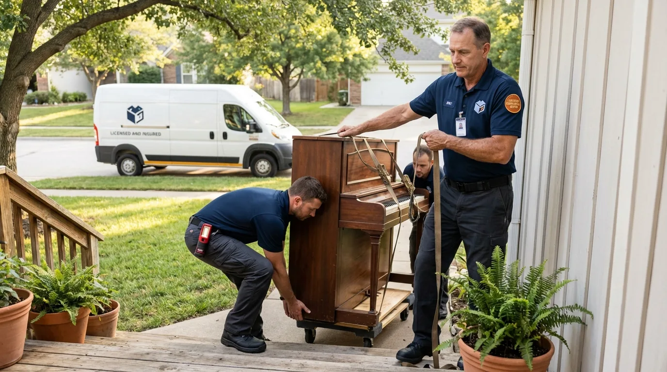 Licensed piano movers securing grand piano in Fort Yates, ND