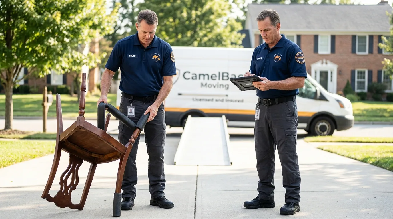 Movers inspecting furniture for damage prevention before loading in Fort Yates, ND