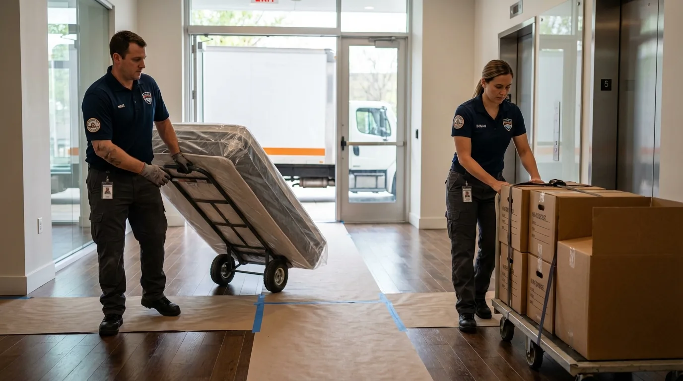 Professional apartment movers loading elevator in Fort Yates, ND